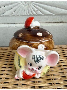 Vintage 70's Enesco Anthropomorphic Missy Mouse Mushroom Jar/Sugar Bowl